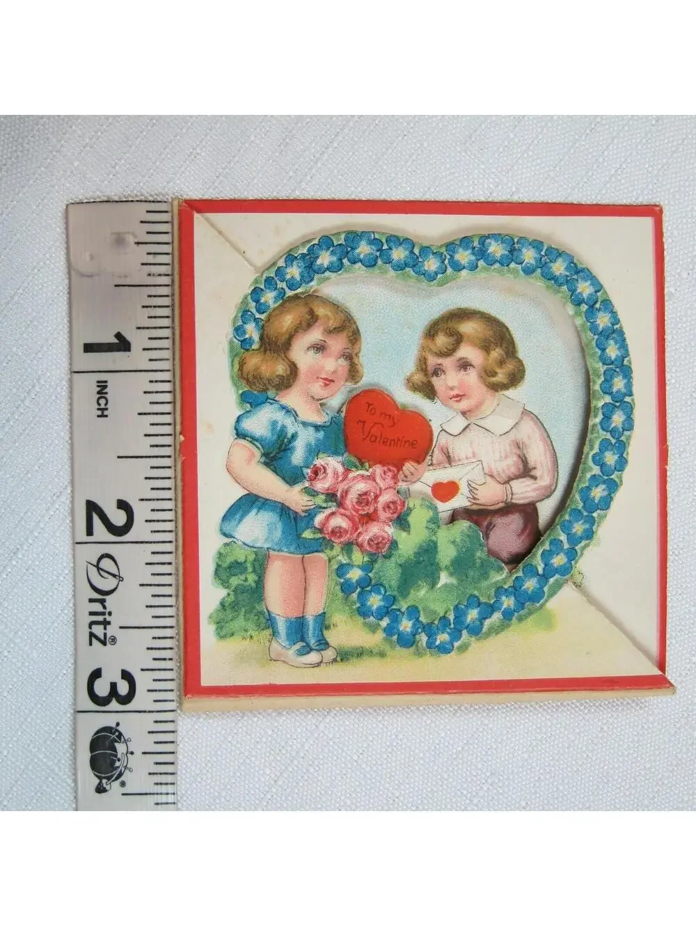 Vintage Valentine Card 1929 Fold Out Country Boy & Girl w/ Flowers Heart Germany